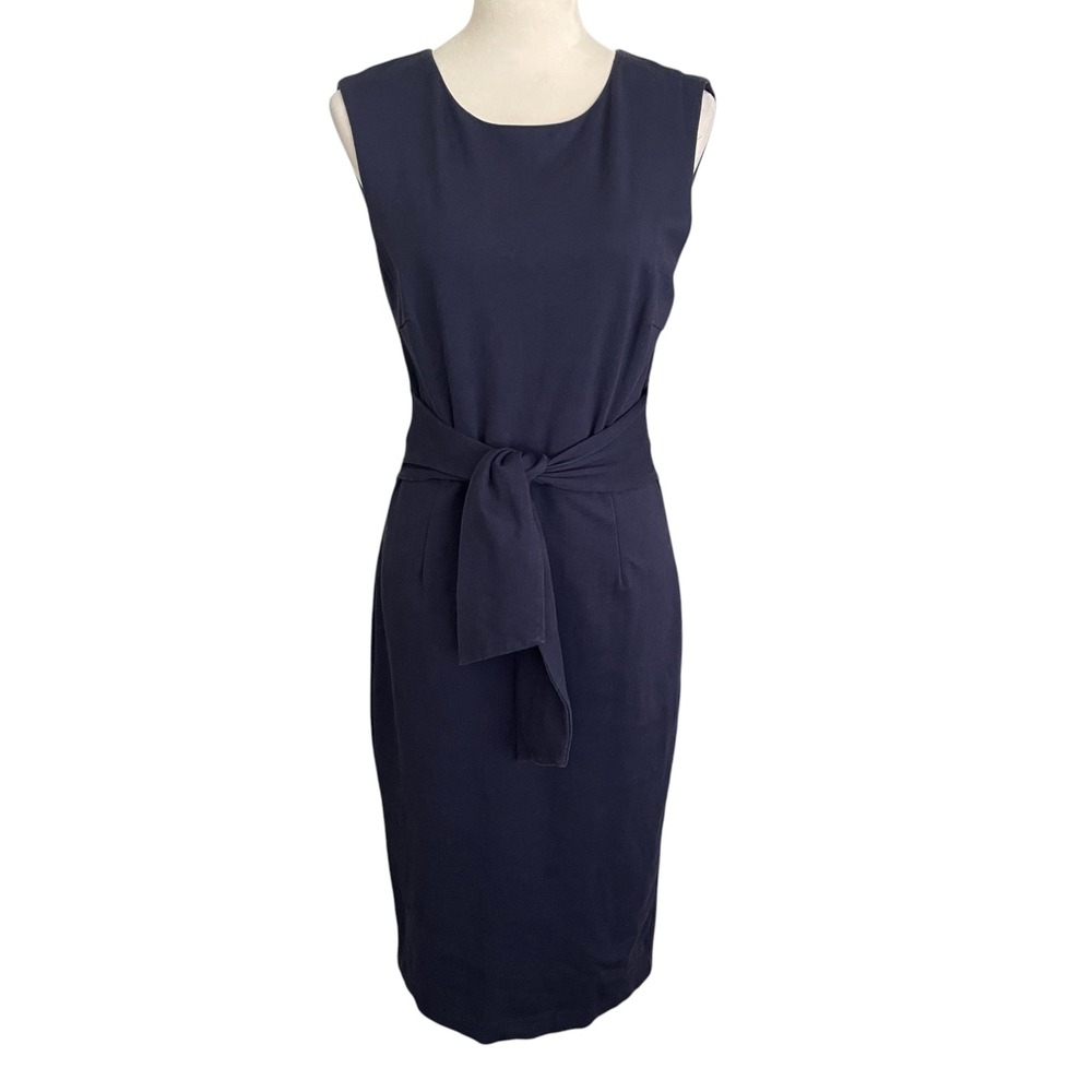 Boden Jessica Ponte Tie Waist Navy Midi Sheath Dress Size 8 Nautical Preppy Chic - Picture 3 of 9